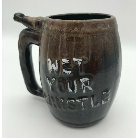 Vintage Beer Whistle Mug Brown Drip Glazed Funny Unique Cup Leave My Drink Alone - Picture 4 of 8